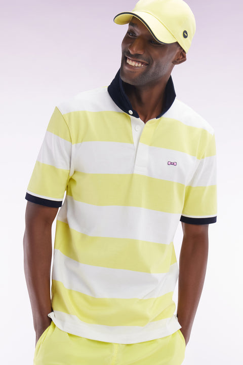 Straight short-sleeved rugby shirt in yellow and white striped Pima cotton - Image 3