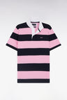 Straight short-sleeved rugby shirt in pink and navy striped Pima cotton