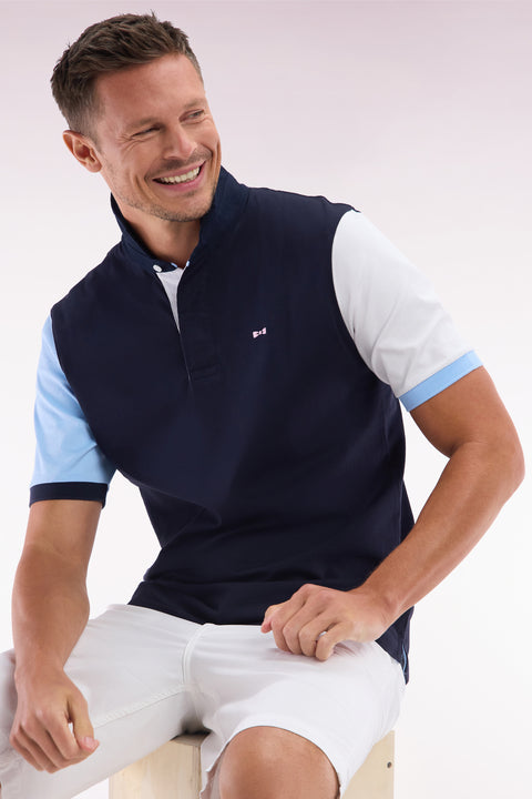 Short-sleeved rugby shirt in navy cotton jersey with two-tone sleeves - Image 3