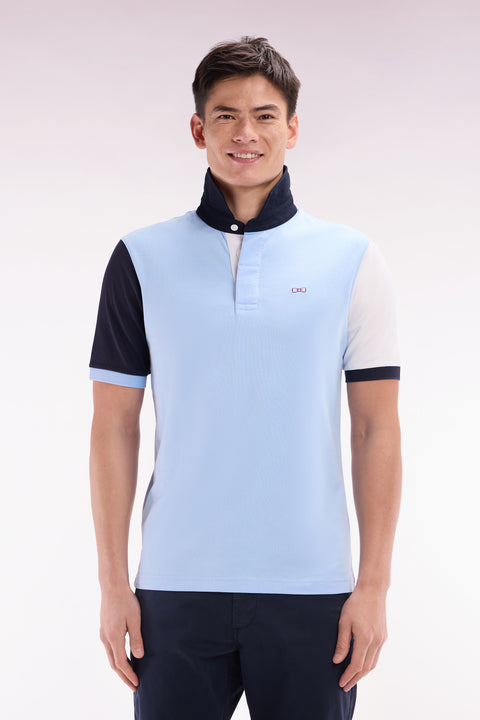 Short-sleeved rugby shirt in sky blue cotton jersey with two-tone sleeves - Image 1