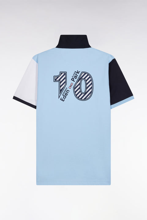 Short-sleeved rugby shirt in sky blue cotton jersey with two-tone sleeves - Image 2