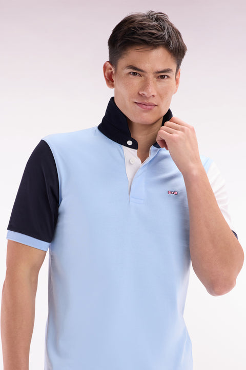 Short-sleeved rugby shirt in sky blue cotton jersey with two-tone sleeves - Image 3