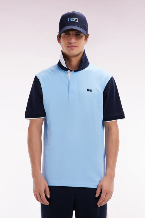 Relaxed-fit short-sleeved sky blue cotton jersey with two-tone collar - Image 1