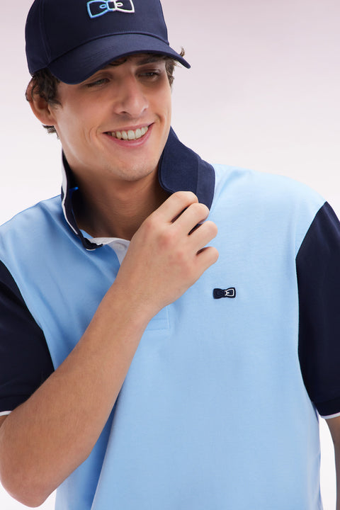 Relaxed-fit short-sleeved sky blue cotton jersey with two-tone collar - Image 3