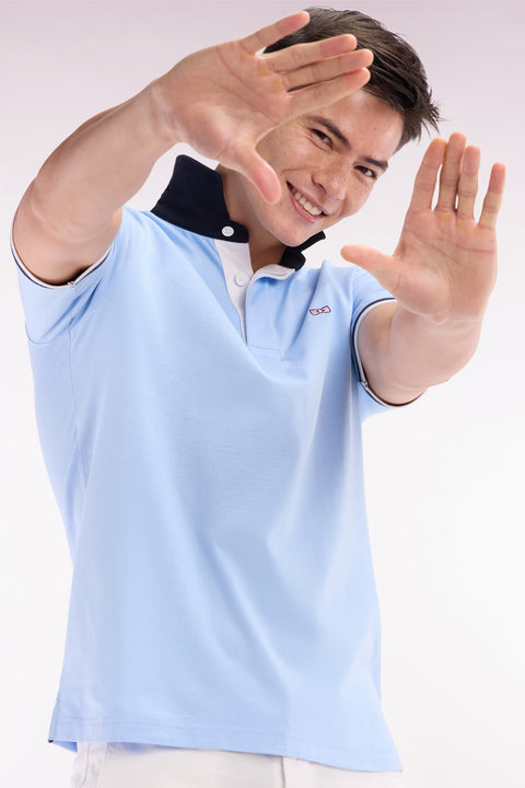 Straight-cut sky blue cotton short-sleeved rugby shirt with Eden Park back embroidery - Image 3