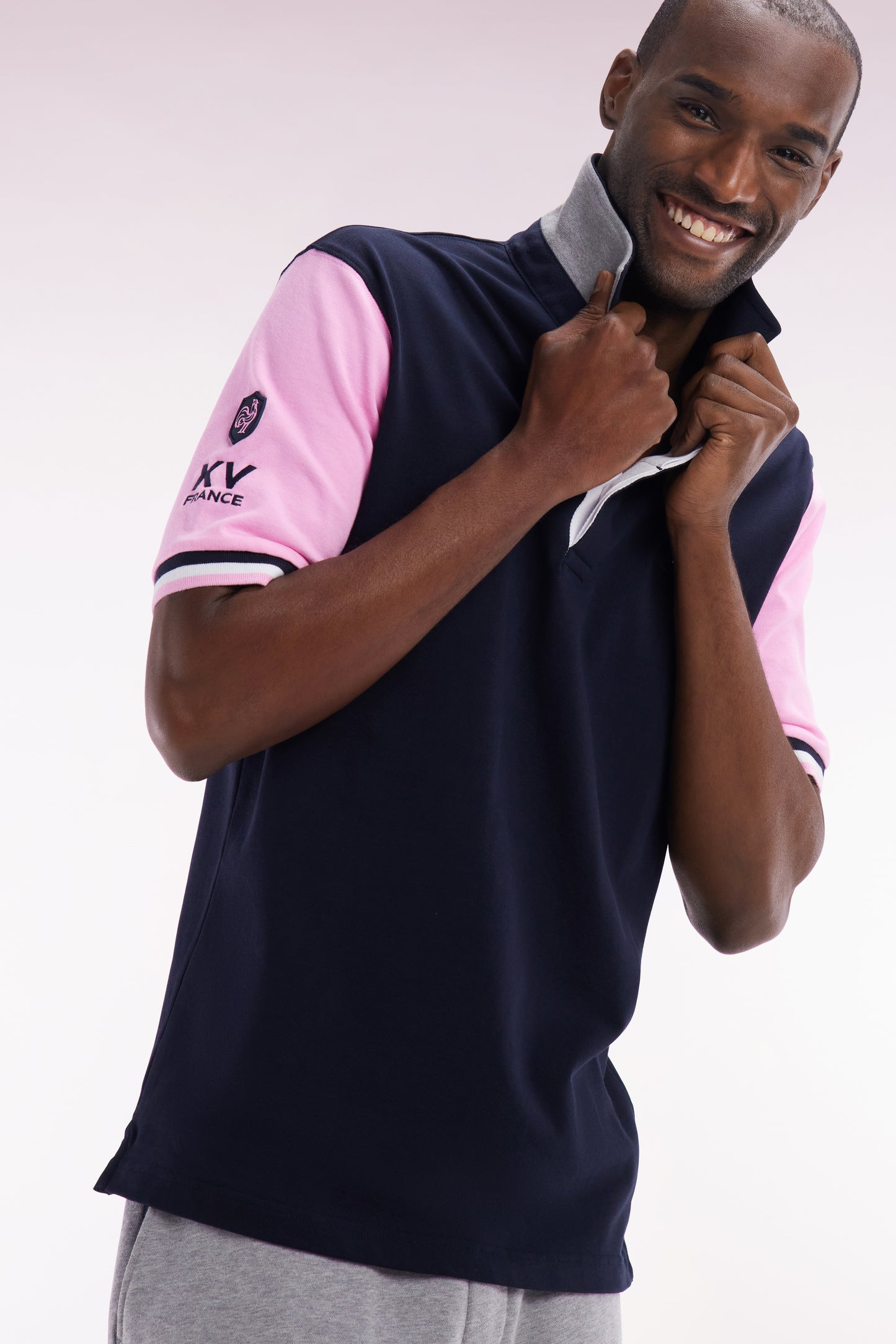 XV de France short-sleeved rugby shirt in navy and pink cotton