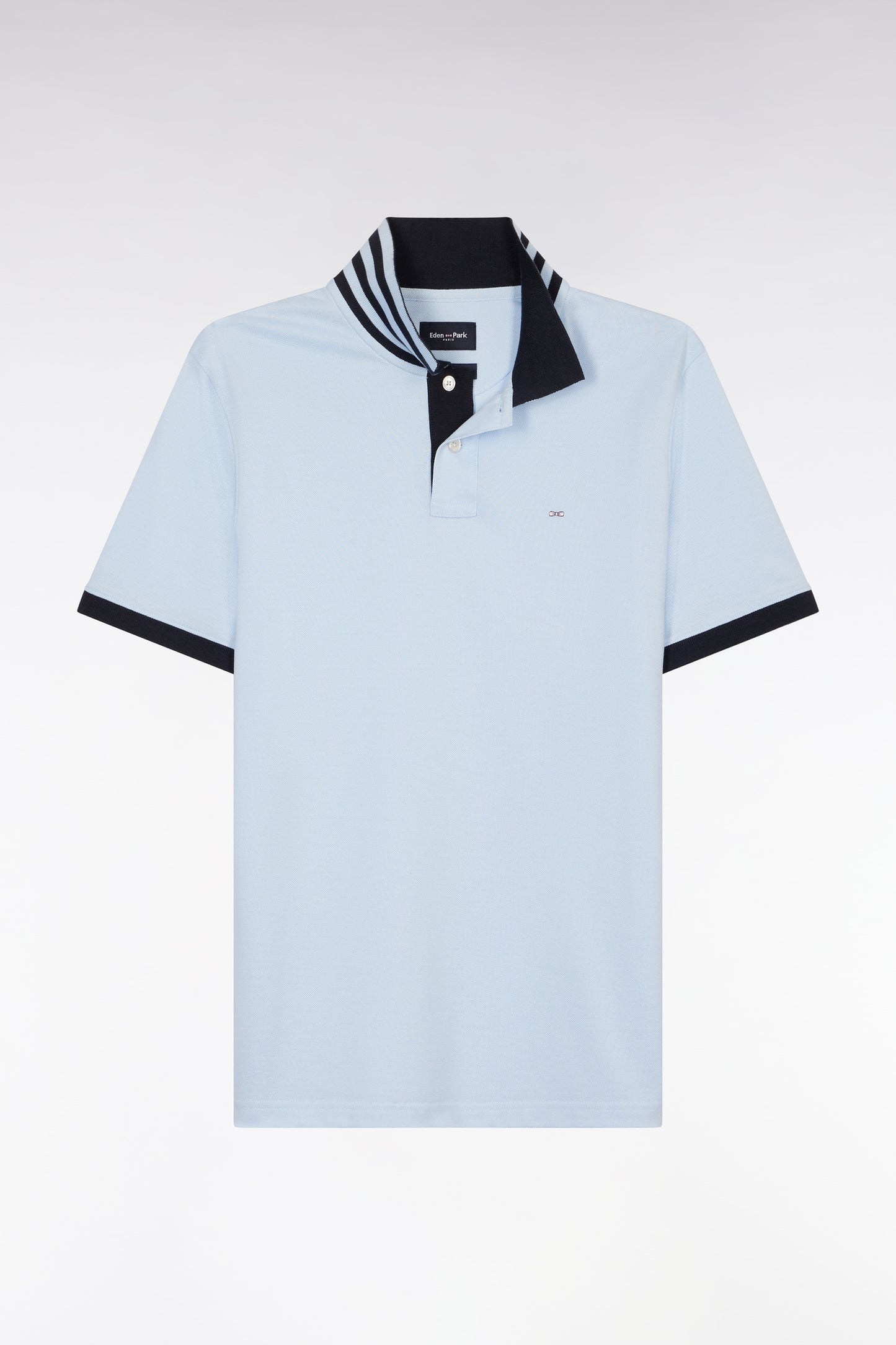 Straight-cut short-sleeved polo shirt in sky blue Pima cotton piqué with striped under collar
