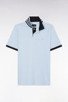 Straight-cut short-sleeved polo shirt in sky blue Pima cotton piqué with striped under collar
