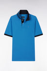 Straight-cut short-sleeved polo shirt in blue Pima cotton piqué with striped under collar