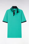 Straight-cut short-sleeved polo shirt in green Pima cotton piqué with striped under collar