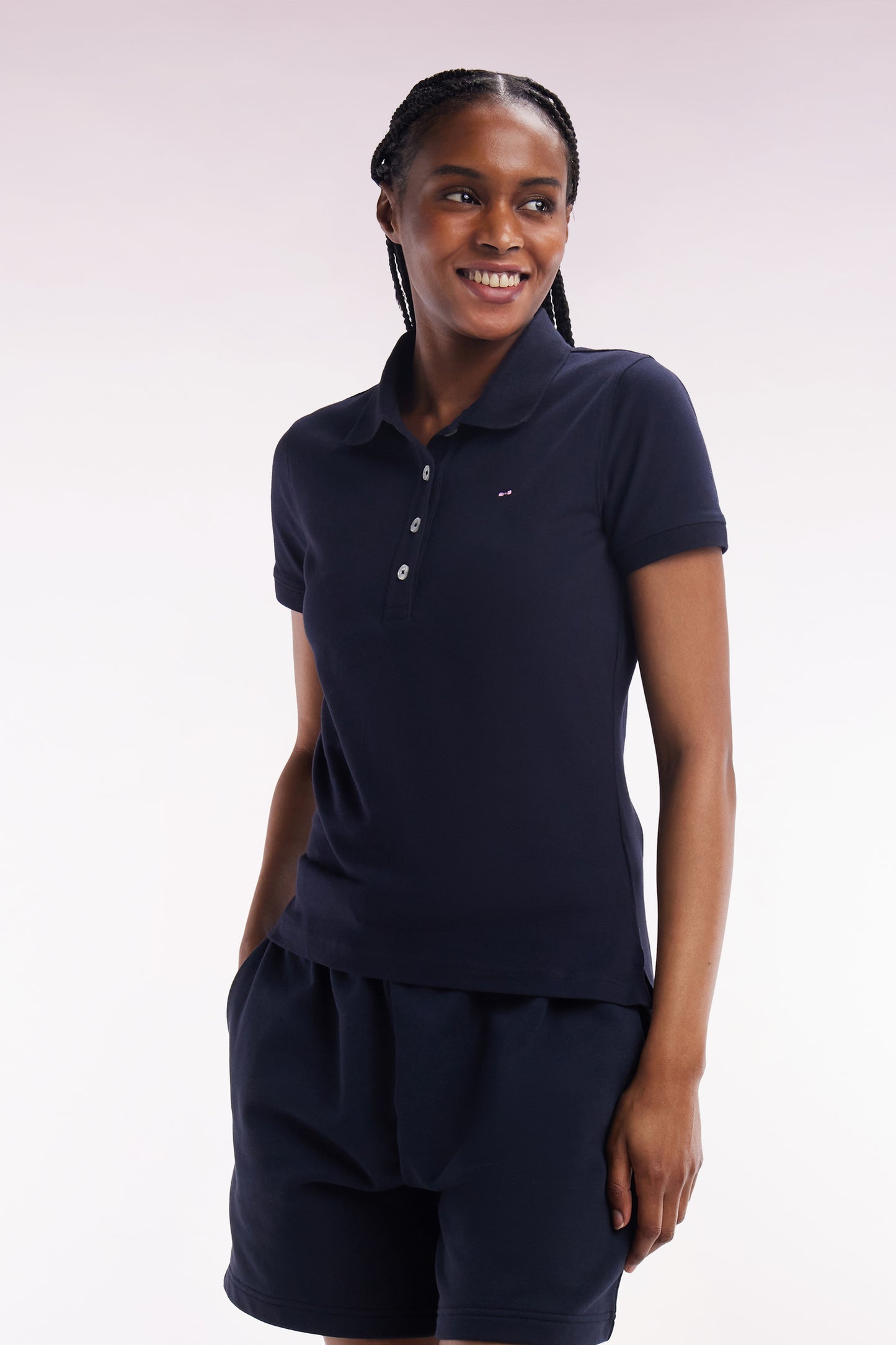 Slim-fit short-sleeved polo shirt in navy stretch cotton piqué