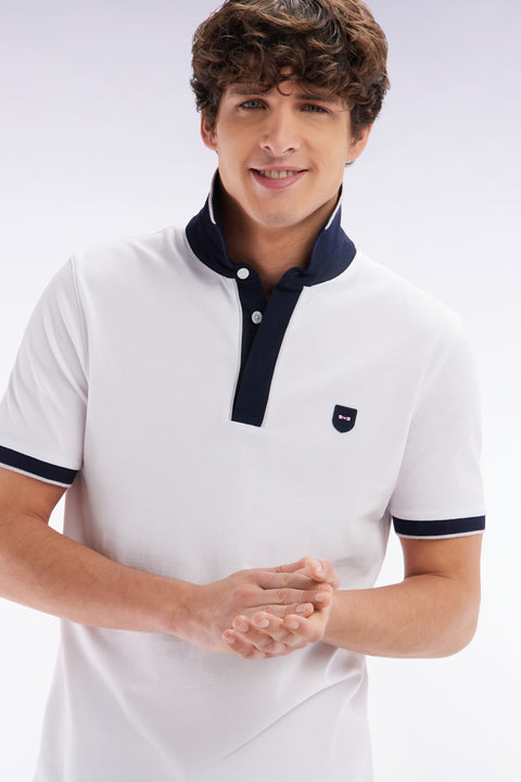 Slim-fit plain short-sleeved polo shirt in white stretch cotton with contrasting piping - Image 3