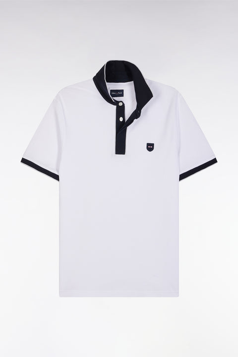Slim-fit plain short-sleeved polo shirt in white stretch cotton with contrasting piping - Image 2