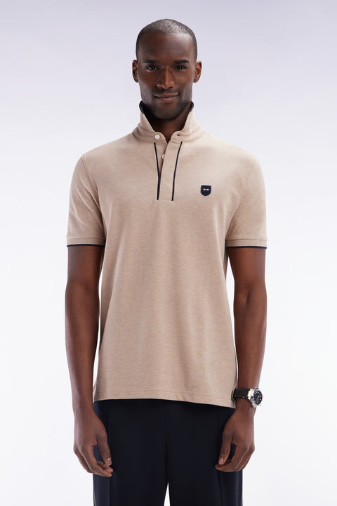 Slim-fit short-sleeved polo shirt in beige stretch cotton piqué - Image 1