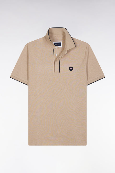 Slim-fit short-sleeved polo shirt in beige stretch cotton piqué - Image 2