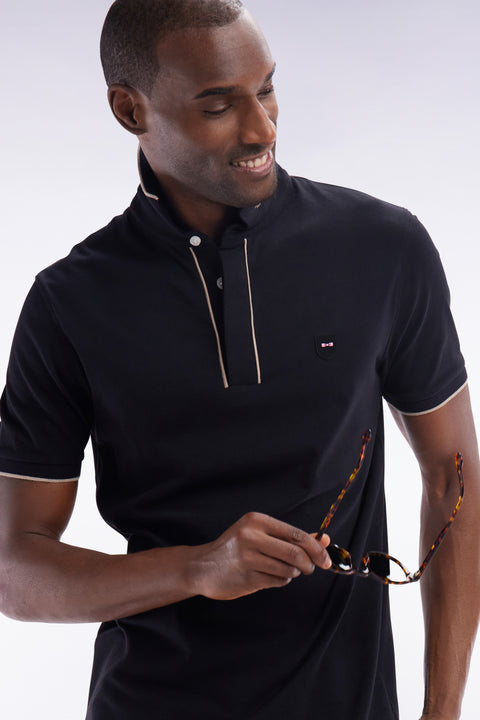 Slim-fit short-sleeved polo shirt in black stretch cotton piqué - Image 3