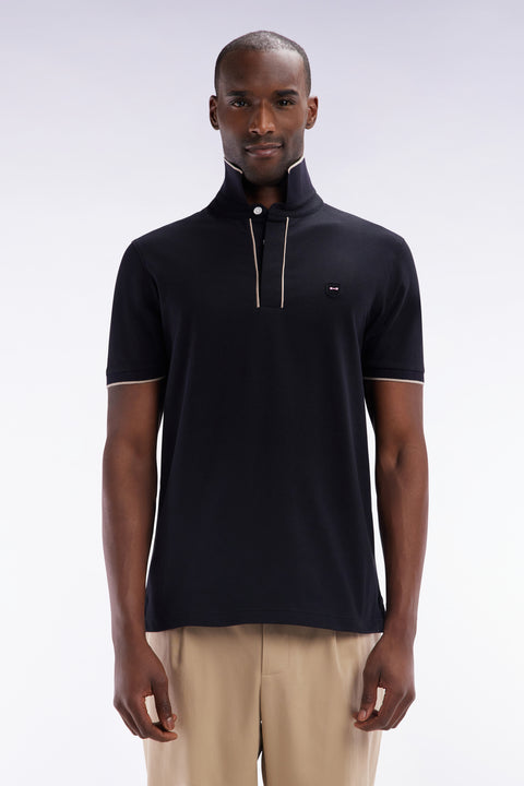 Slim-fit short-sleeved polo shirt in black stretch cotton piqué - Image 1
