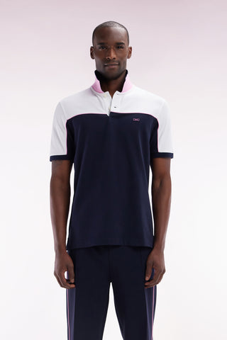 Straight-cut navy blue colorblock short-sleeved cotton piqué polo shirt