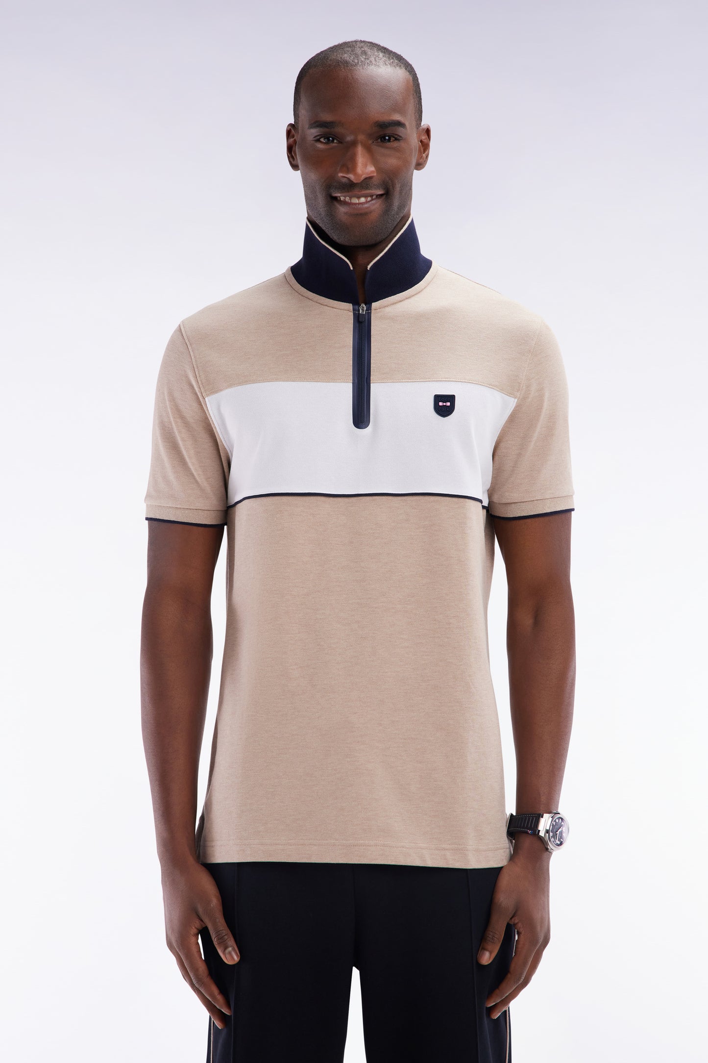 Slim-fit short-sleeved polo shirt in beige stretch mottled cotton piqué with contrasting accents