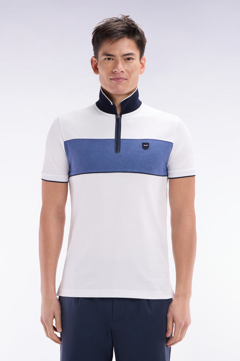 Slim-fit short-sleeved polo shirt in grey stretch mottled cotton piqué with contrasting accents - Image 1