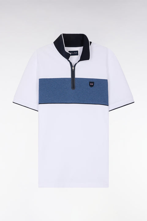Slim-fit short-sleeved polo shirt in grey stretch mottled cotton piqué with contrasting accents - Image 2