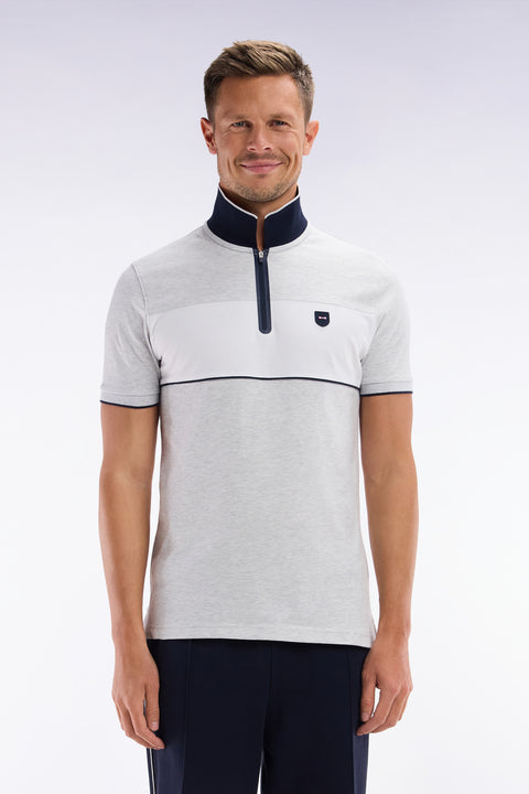 Slim-fit short-sleeved polo shirt in mottled grey stretch cotton piqué with contrasting accents - Image 1