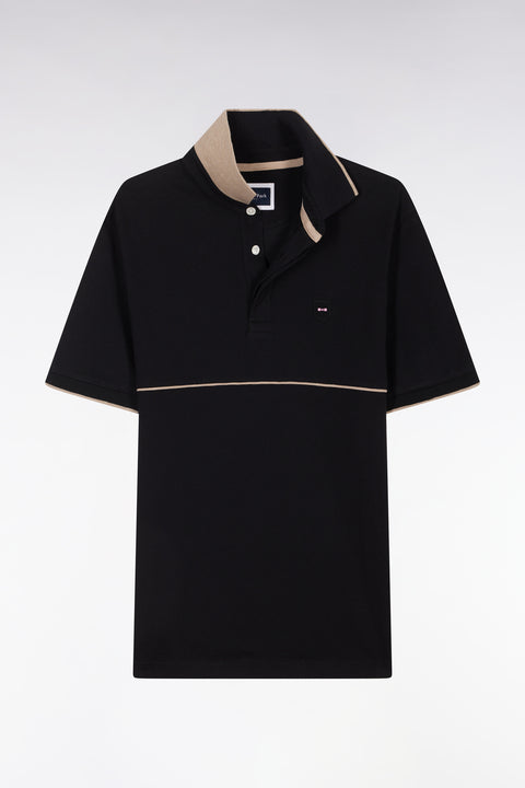 Slim-fit two-tone black stretch cotton short-sleeved polo shirt - Image 2