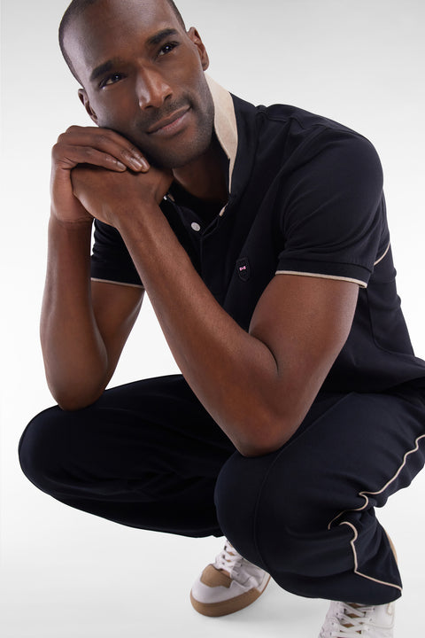Slim-fit two-tone black stretch cotton short-sleeved polo shirt - Image 3