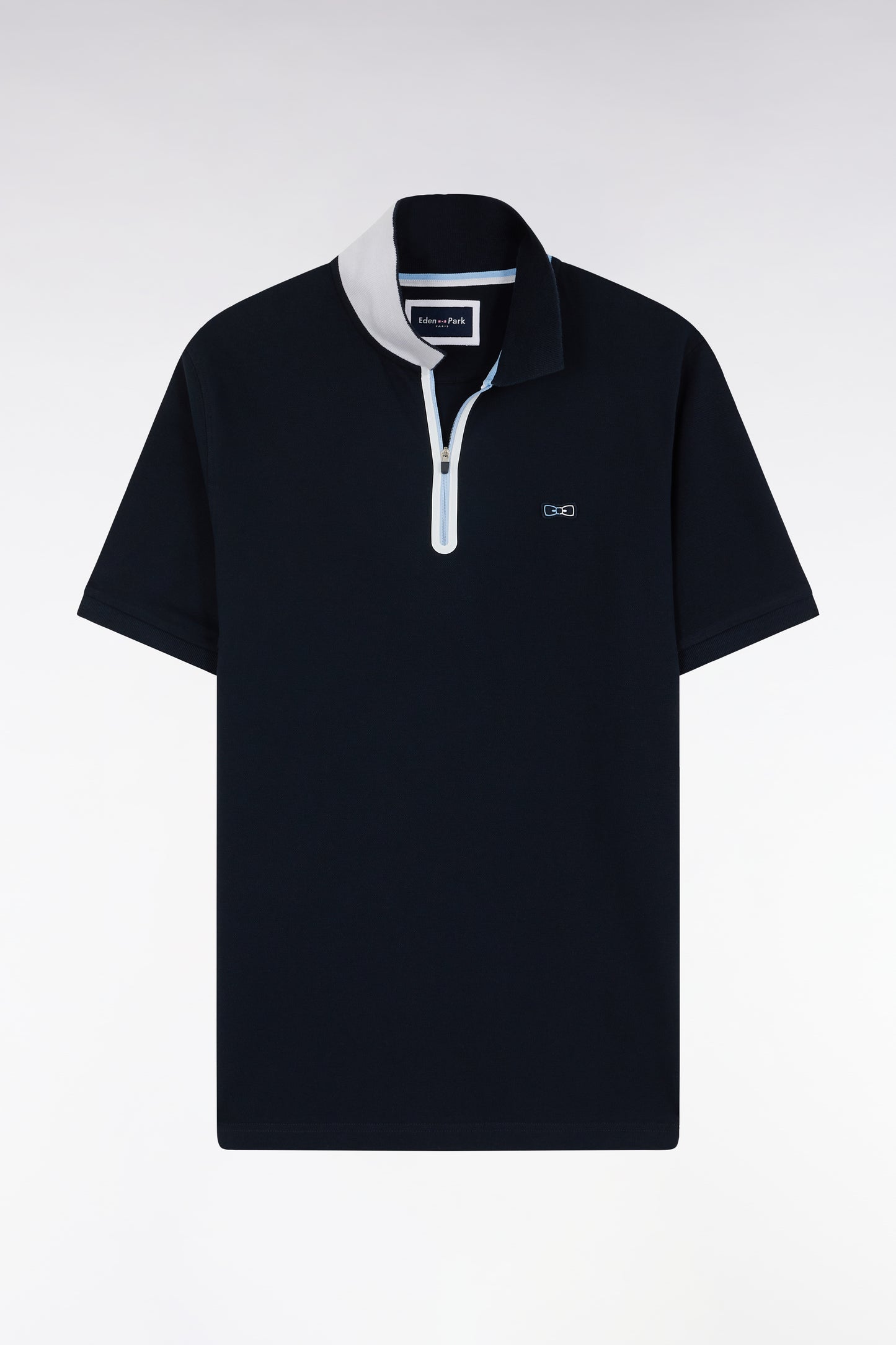 Slim-fit short-sleeved zip-up polo shirt in navy stretch cotton