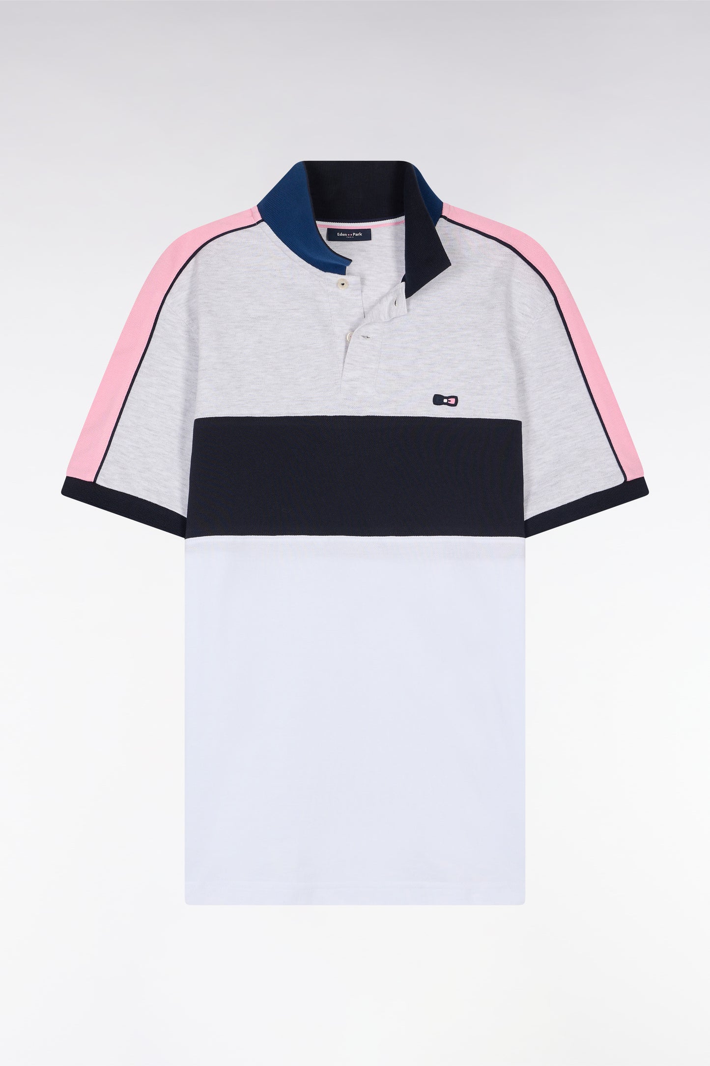 Polo à manches courtes en coton tricolore blanc marine et gris coupe droite