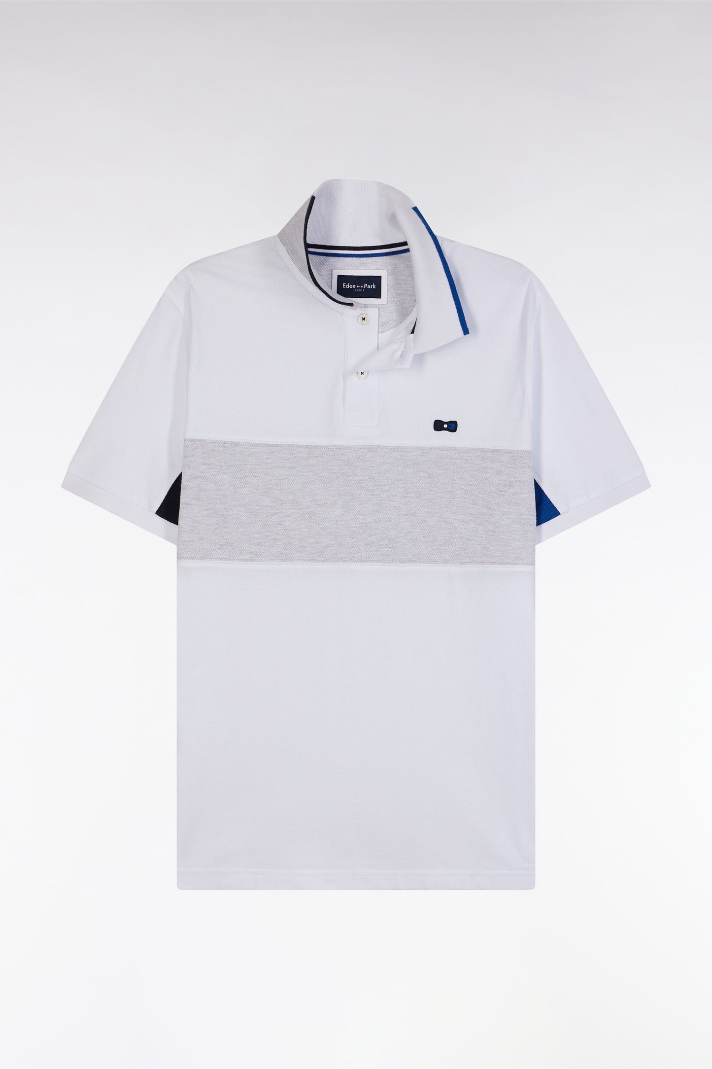 Straight-fit short-sleeved colorblock polo shirt in white cotton with grey and navy details