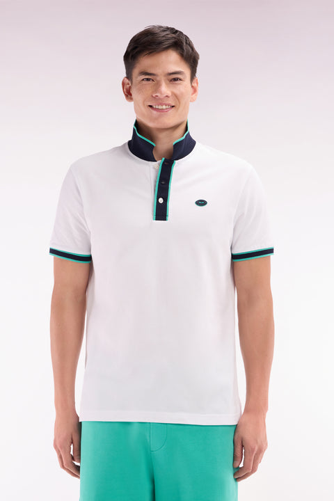 Relaxed-fit short-sleeved polo shirt in green cotton with colorful stripes - Image 1