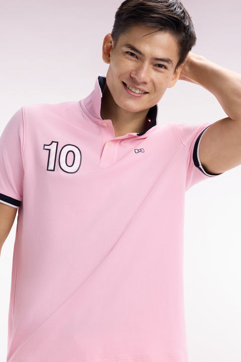 Relaxed-fit short-sleeved polo shirt in pink cotton with 10 embroidery - Image 3