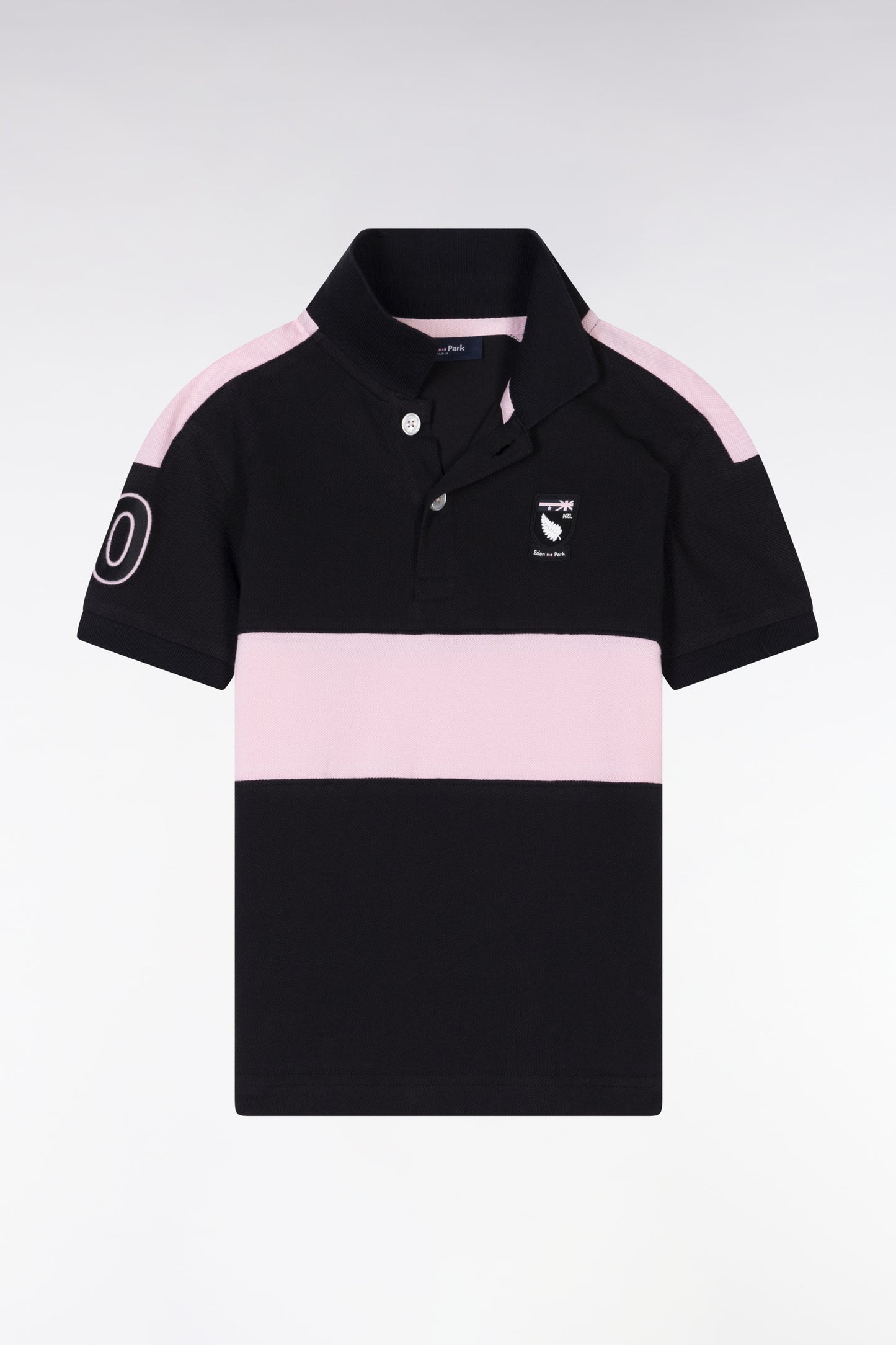 Polo New Zealand en piqué de coton noir et rose coupe droite