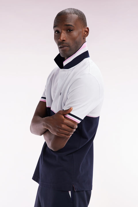 Straight-fit short-sleeved polo shirt in two-tone navy and white cotton piqué - Image 3