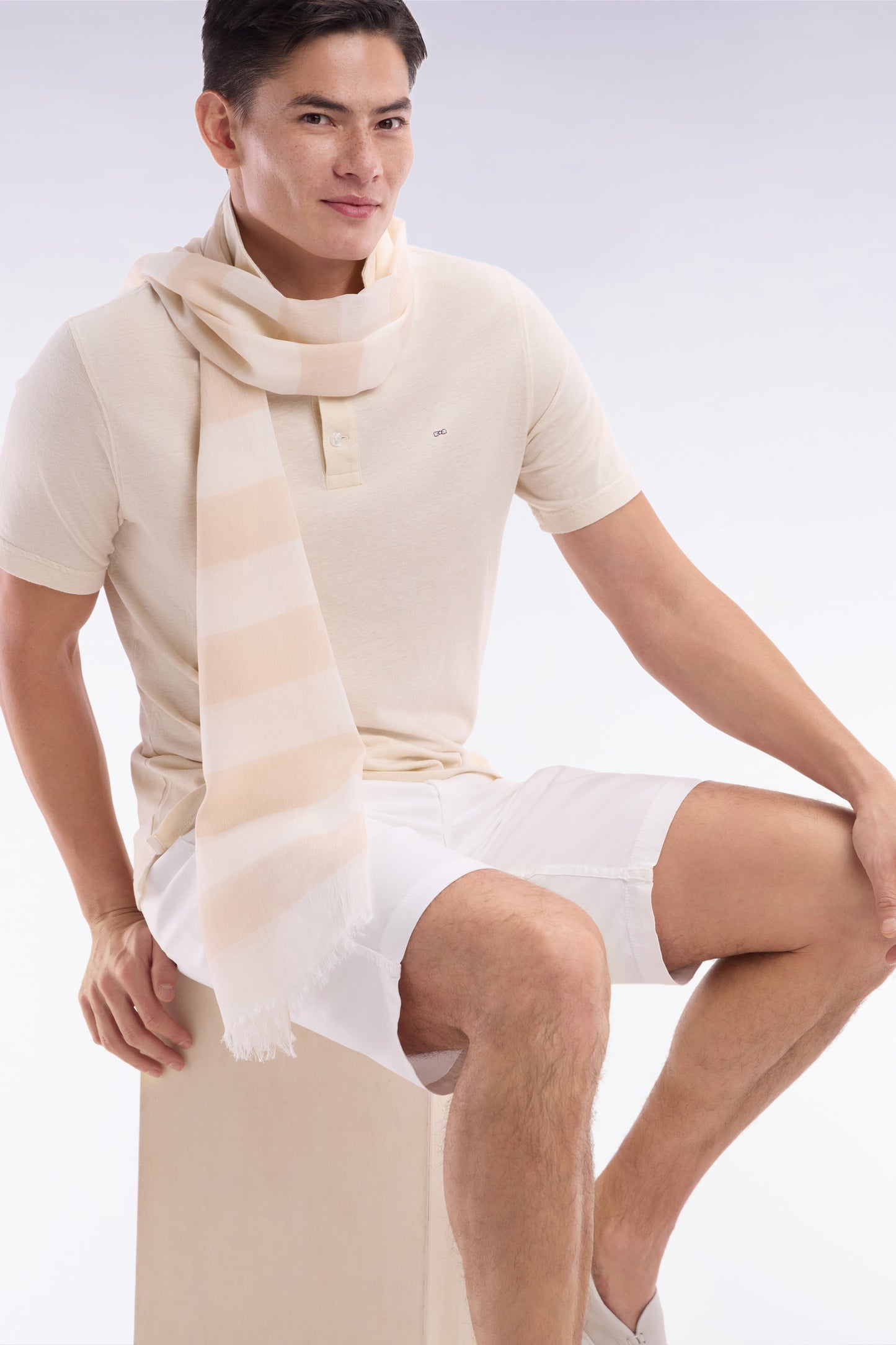 Straight-fit short-sleeved polo shirt in cream cotton-linen blend