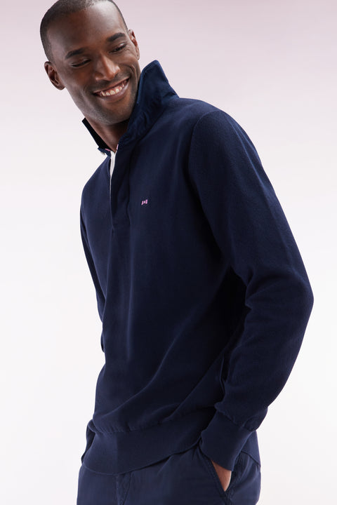 Straight-fit navy cotton rugby shirt collar jumper with back striped bow tie embroidery - Image 2