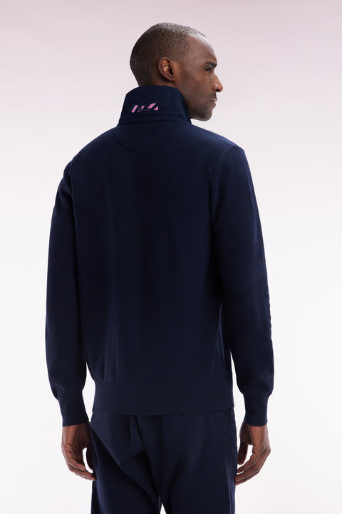 Straight-fit navy cotton rugby shirt collar jumper with back striped bow tie embroidery - Image 3