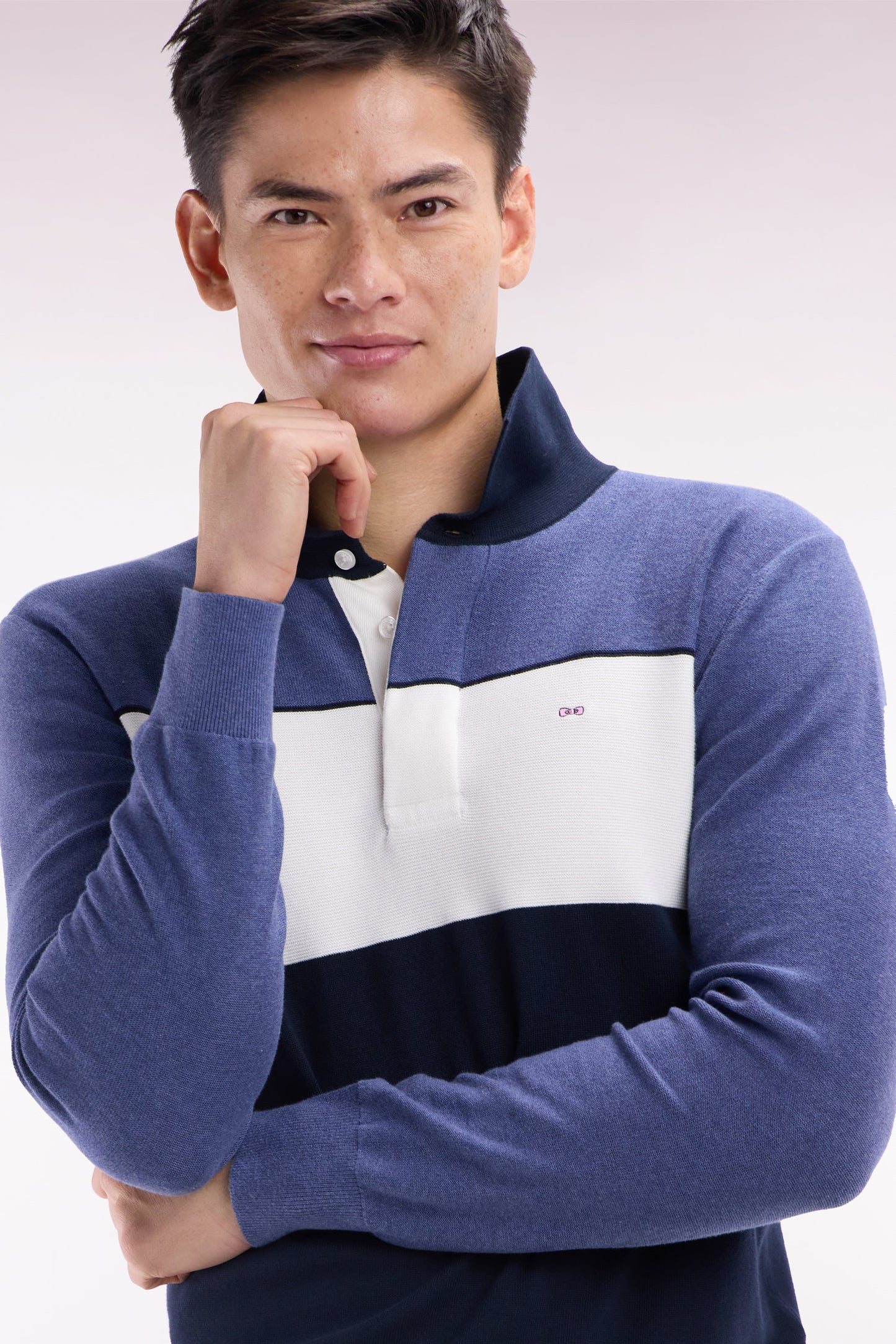 Straight-fit blue cotton jumper with a rugby-style collar