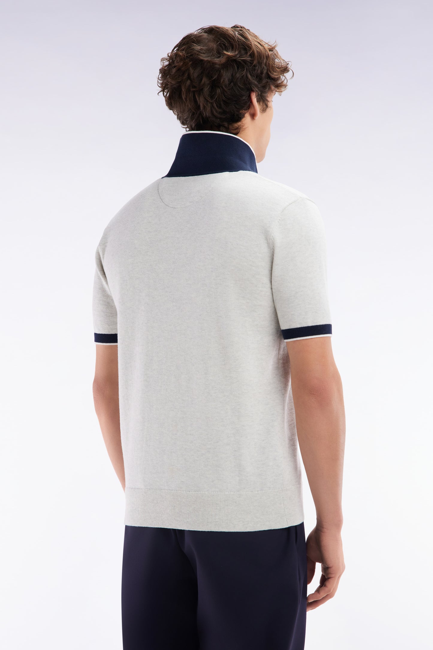 Straight-fit short-sleeved polo collar jumper in grey cotton