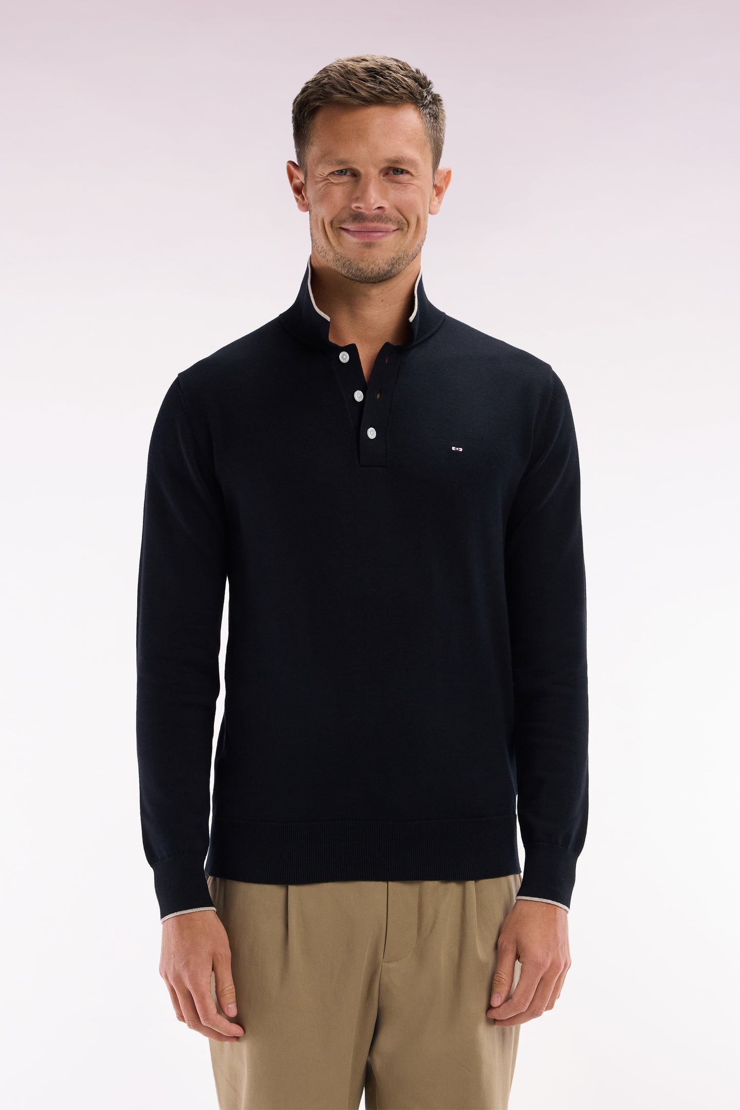Straight-fit black and brown cotton jumper with a rugby-style collar
