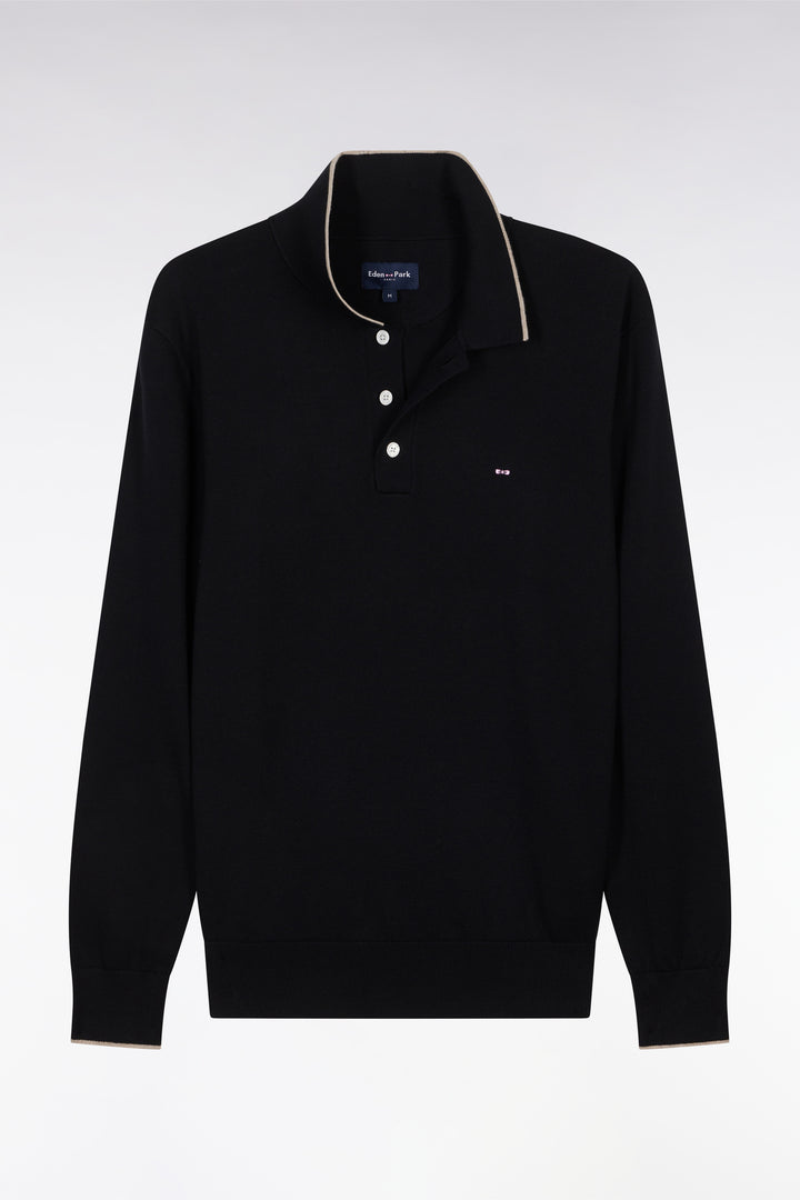 Pull col polo en coton noir et marron coupe droite