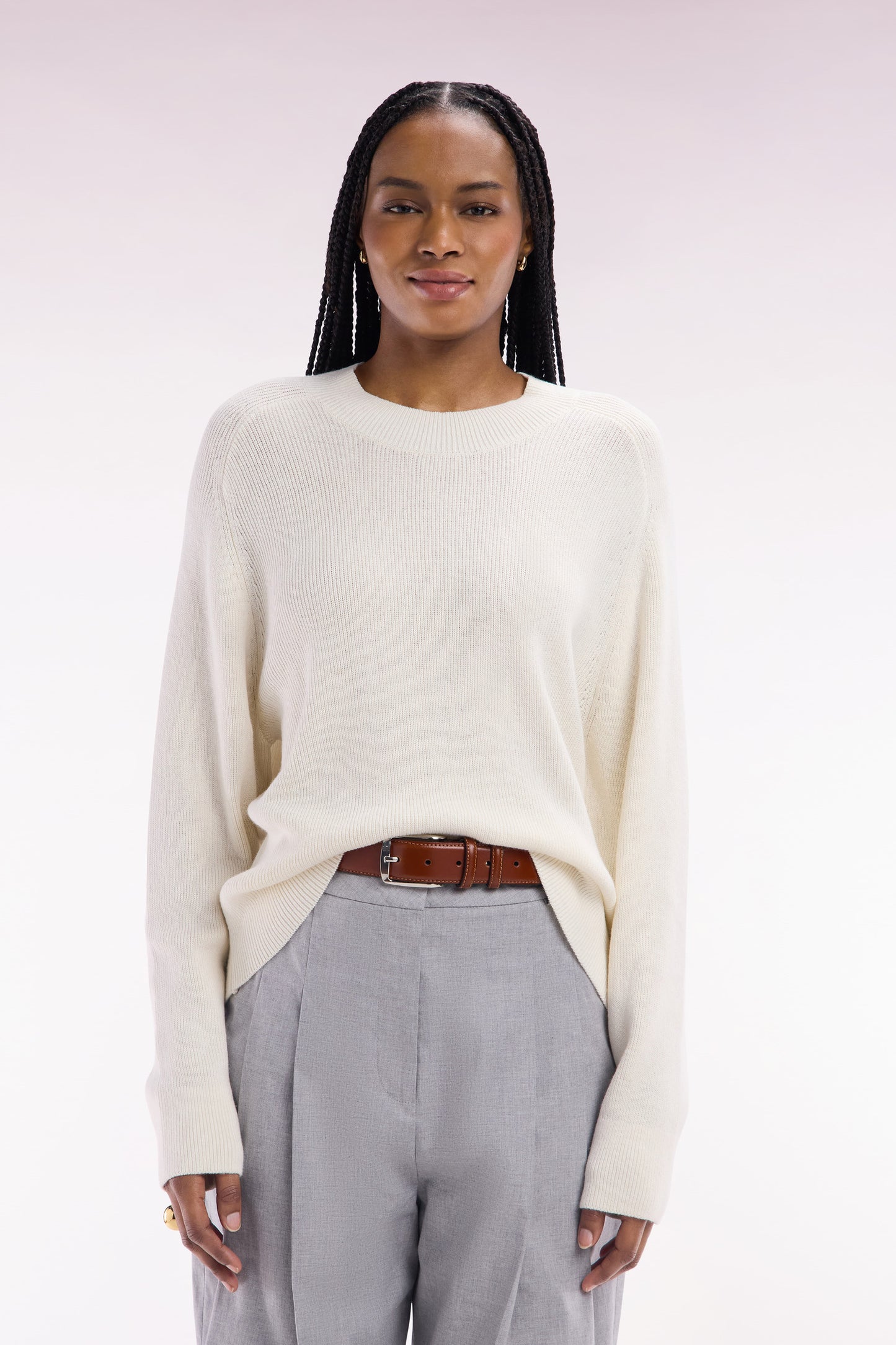 Relaxed-fit ecru ribbed crew neck jumper