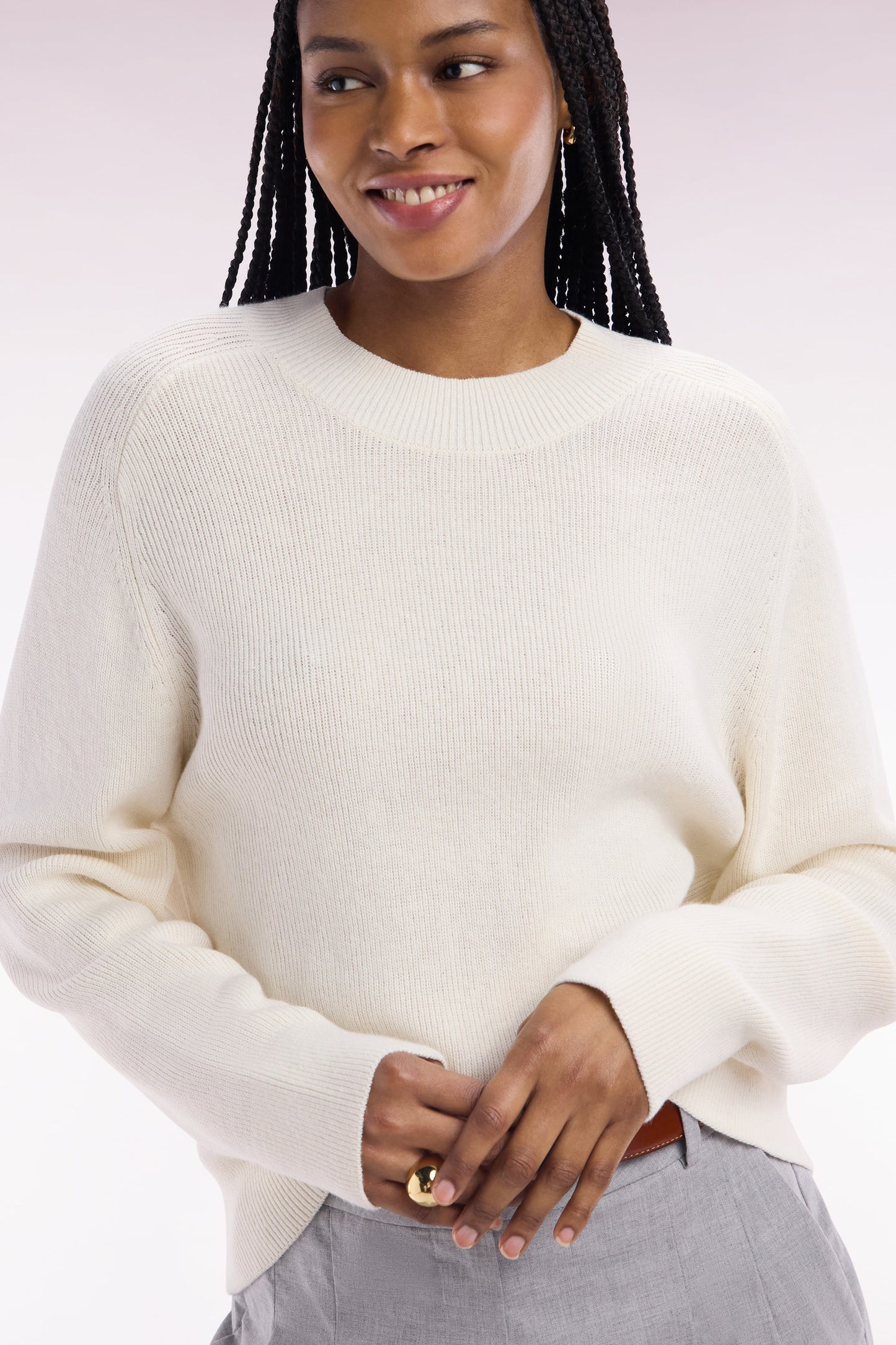 Relaxed-fit ecru ribbed crew neck jumper