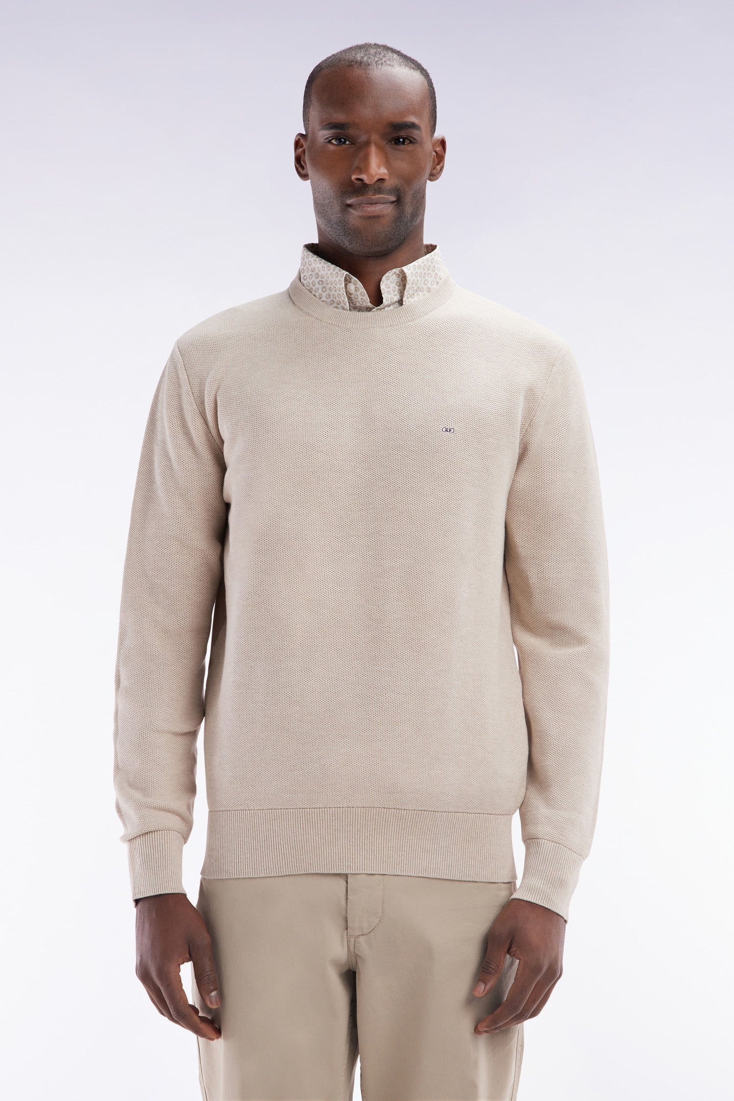 Pull col rond en coton nid d'abeille beige coupe droite