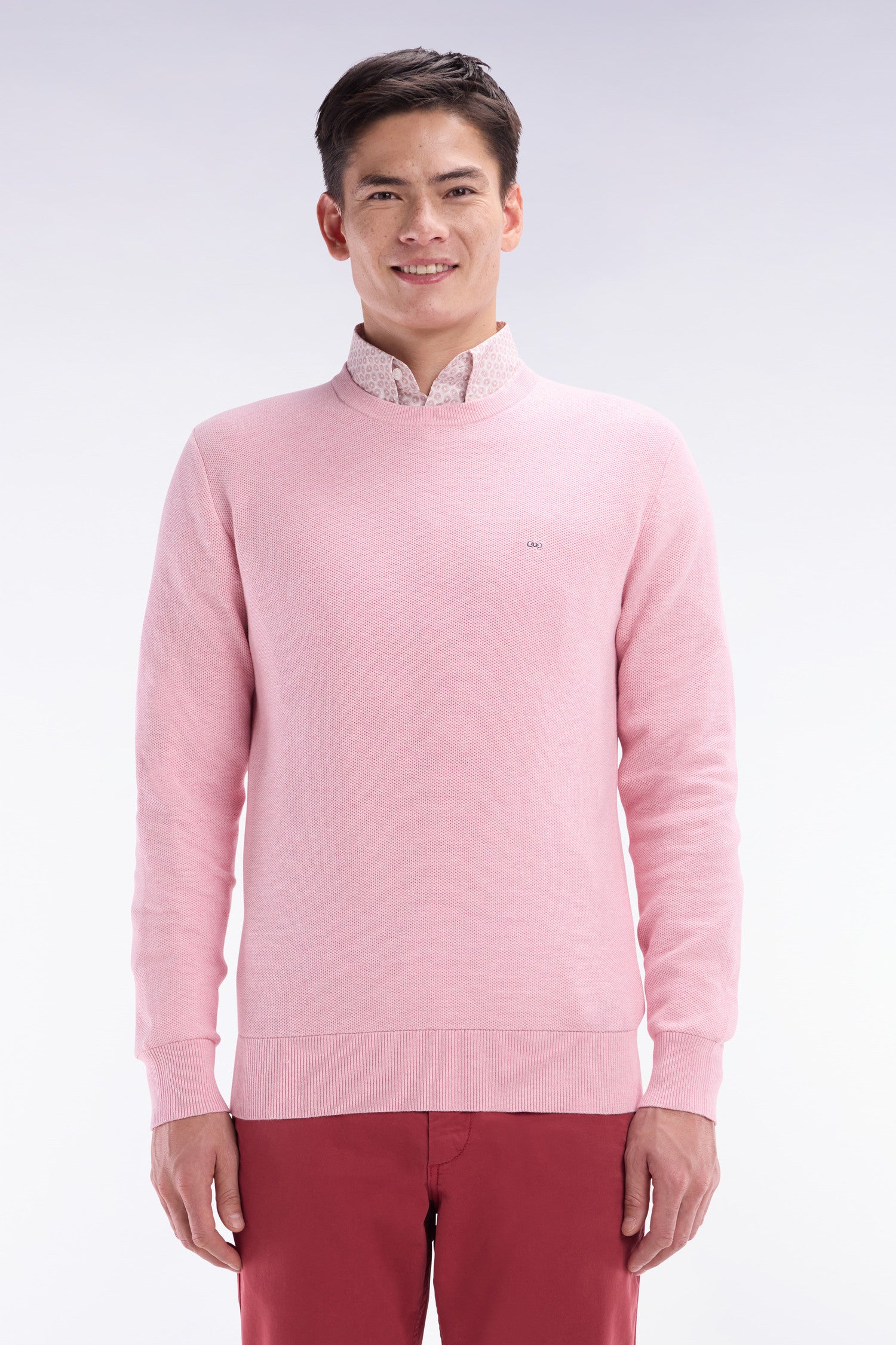 Pull col rond en coton nid d'abeille rose coupe droite