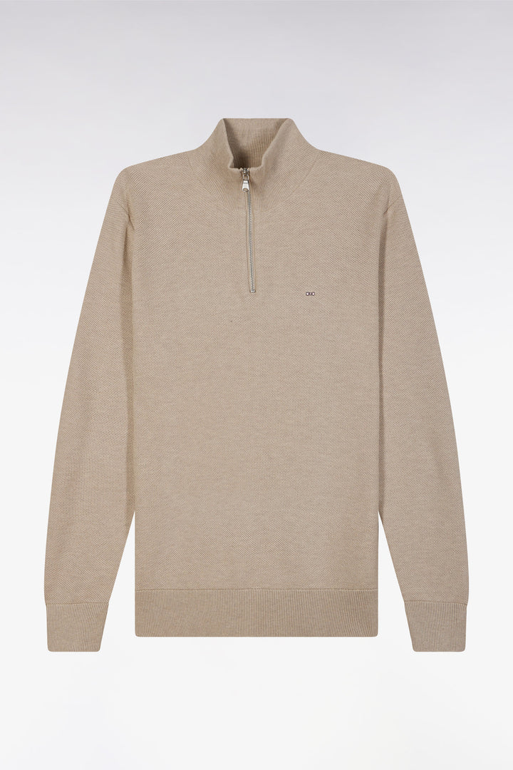 Pull col camionneur en coton nid d'abeille beige coupe droite