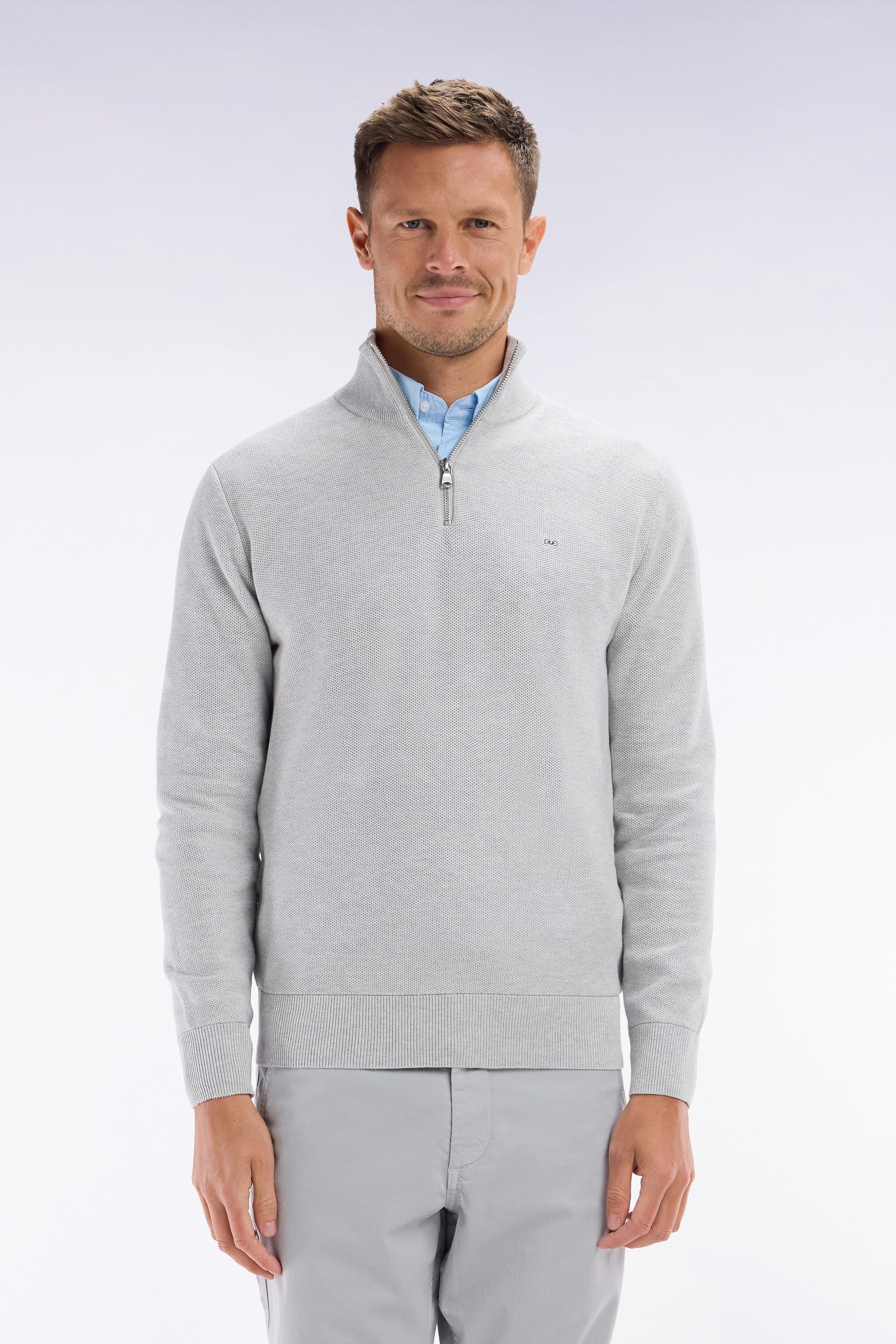 Pull col camionneur en coton nid d'abeille gris coupe droite