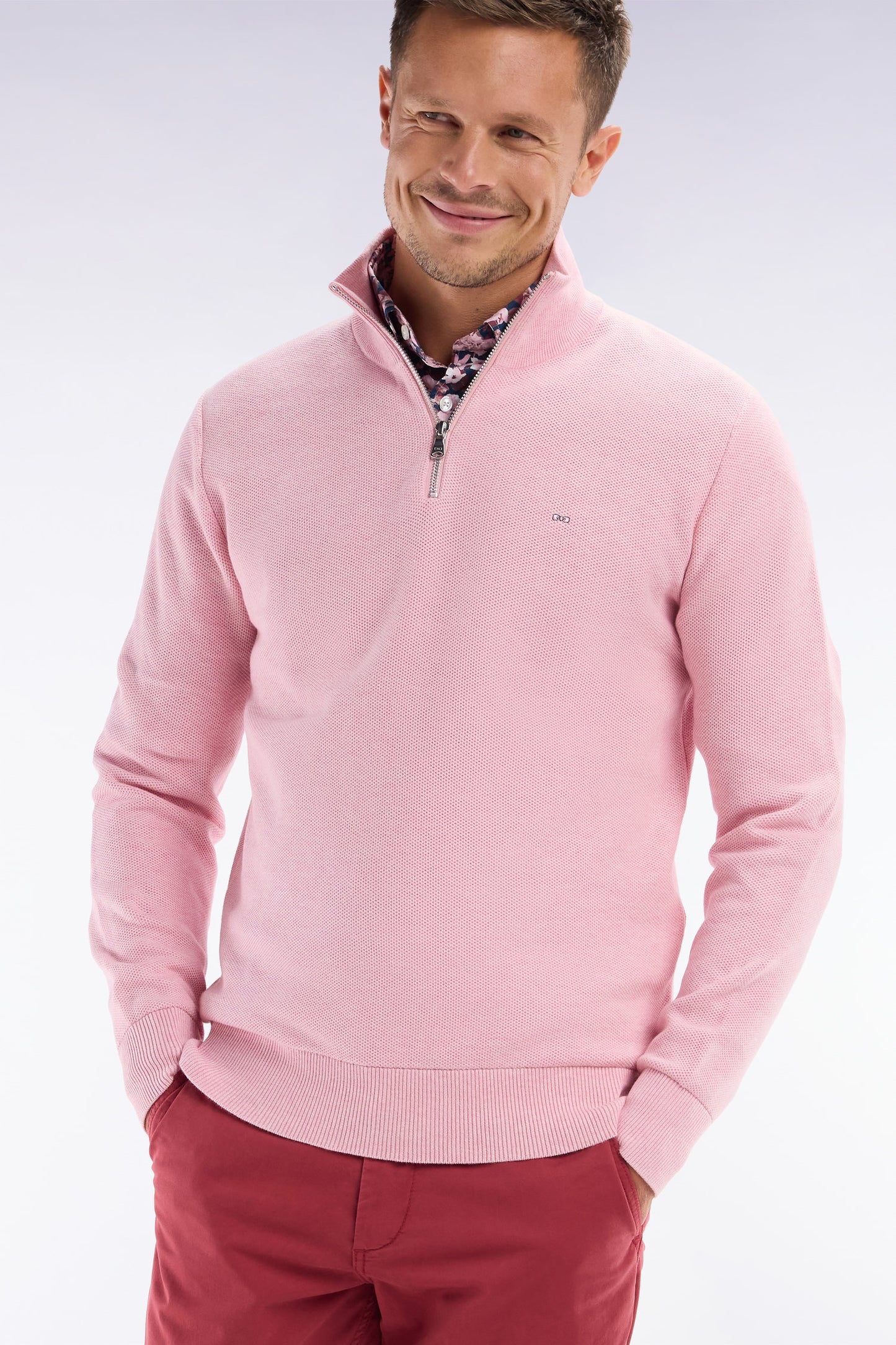 Pull col camionneur en coton nid d'abeille rose coupe droite