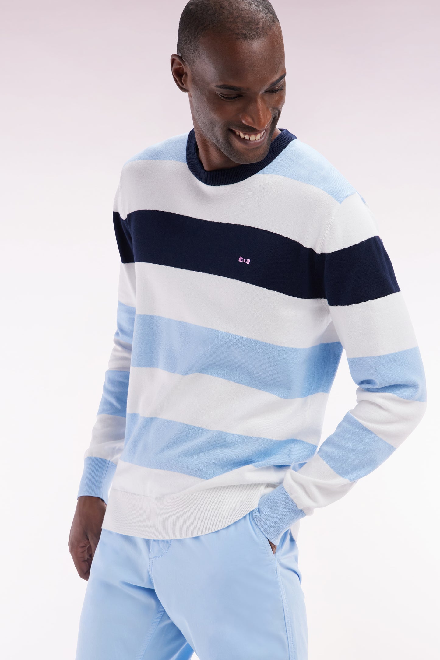 Round collar striped jumper in sky blue and white cotton